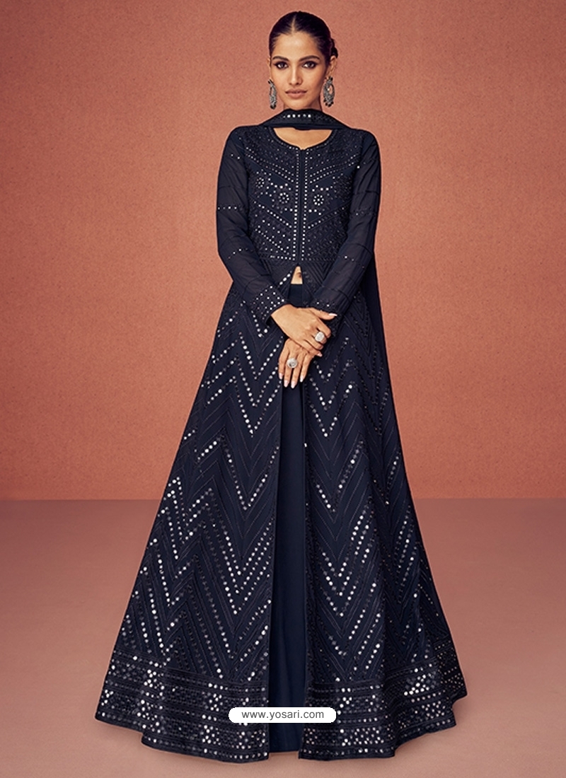 Navy Blue Readymade Designer Wedding Wear Real Georgette Anarkali Suit