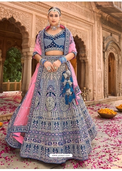 Dark Blue Designer Wedding Wear Velvet Lehenga Choli