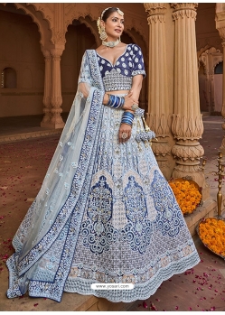 Sky Blue Designer Wedding Wear Velvet Lehenga Choli