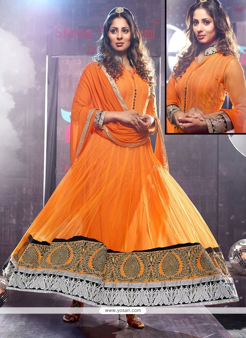 Opulent Orange Net Floor Length Anarkali Suits