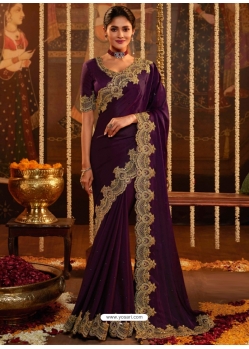 Purple Designer Wedding Wear Embroidered Sari