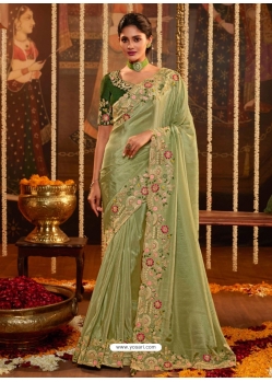 Pista Green Designer Wedding Wear Embroidered Sari