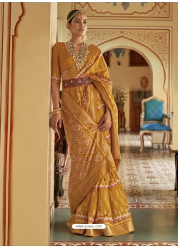 Mustard Designer Wedding Wear Smooth Silk Sari