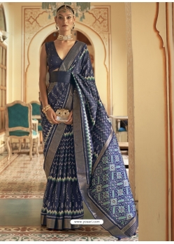 Dark Blue Designer Wedding Wear Smooth Silk Sari