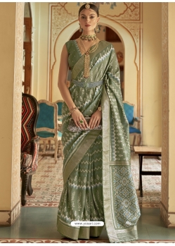 Olive Green Designer Wedding Wear Smooth Silk Sari