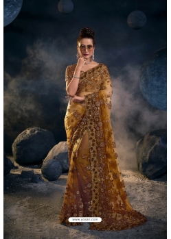 Amazing Marigold Heavy Designer Party Wear Saree