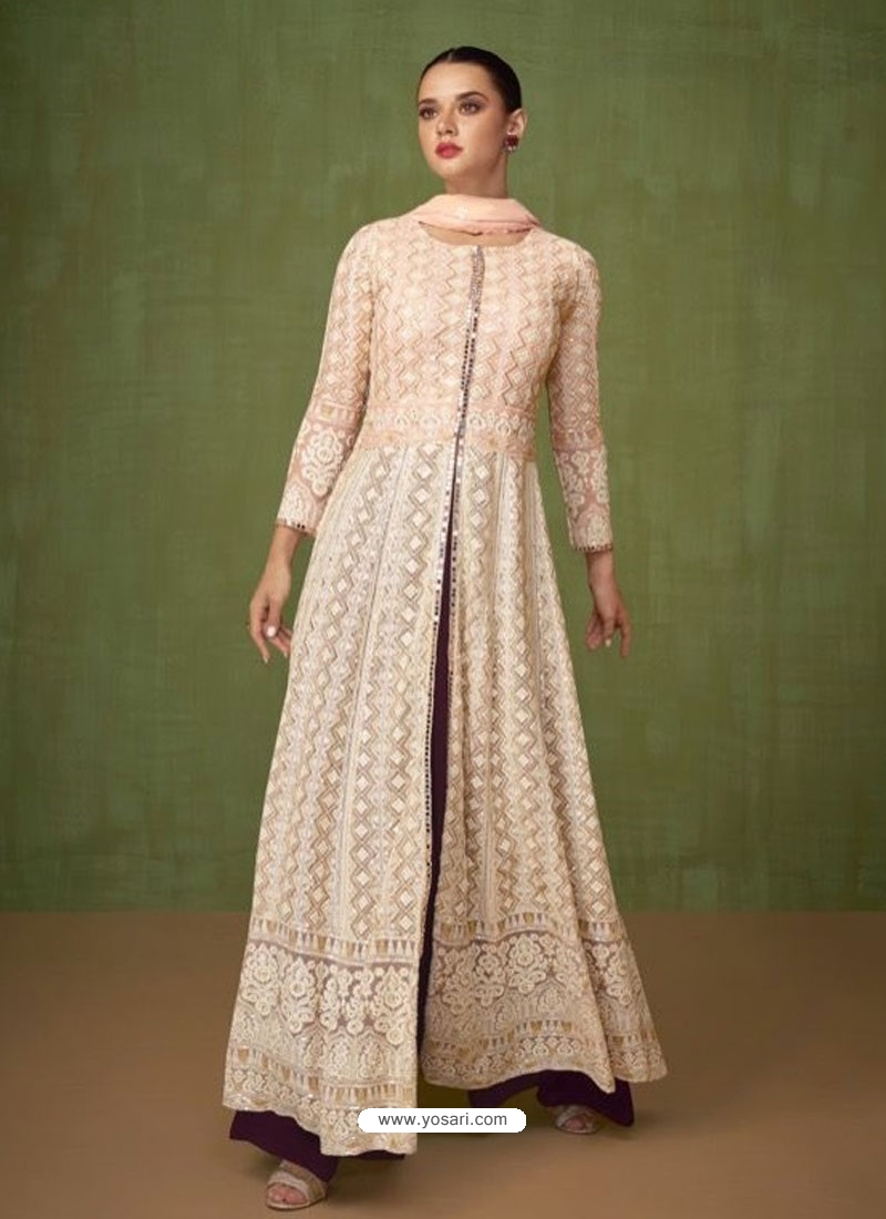 Off White Embroidered Designer Floor Length Suit