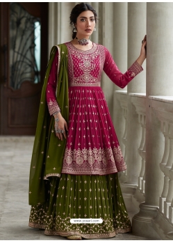 Rose Red And Green Georgette Heavy Designer Suit