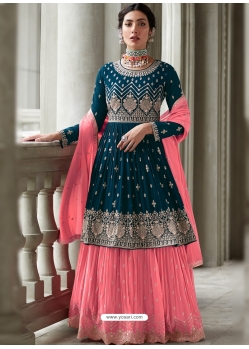Teal Blue And Peach Georgette Heavy Designer Suit