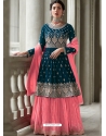 Teal Blue And Peach Georgette Heavy Designer Suit
