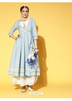 Sky Blue Party Wear Readymade Cotton Kurti With Jacket