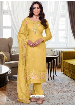 Yellow Viscose Silk Designer Straight Suit