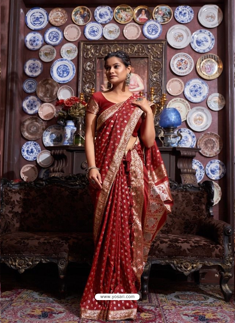 Maroon Banarasi Plain Saree With Matching Blouse  Lady Saree Fashion  Collection Brand