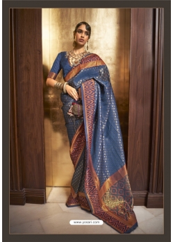 Blue Handloom Weaving Designer Party Wear Saree