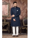 Navy Blue Wedding Wear Heavy Designer Indo Western Sherwani