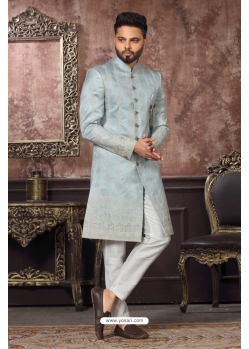 Sky Blue Wedding Wear Heavy Designer Indo Western Sherwani