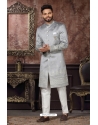Grey Wedding Wear Heavy Designer Indo Western Sherwani