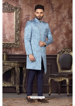 Blue Wedding Wear Heavy Designer Indo Western Sherwani