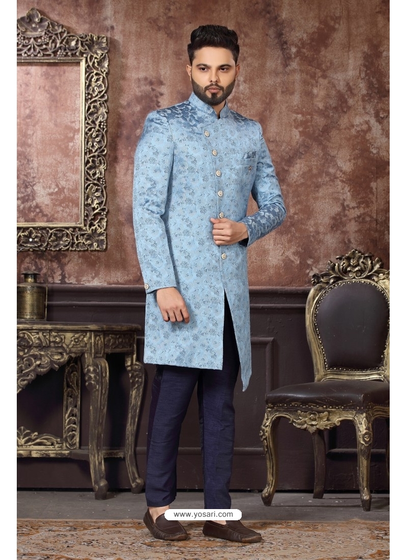 Blue Wedding Wear Heavy Designer Indo Western Sherwani