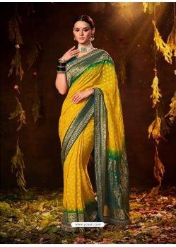 Yellow Designer Party Wear Silk Bandhej Saree