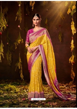 Stylish Yellow Designer Party Wear Silk Bandhej Saree