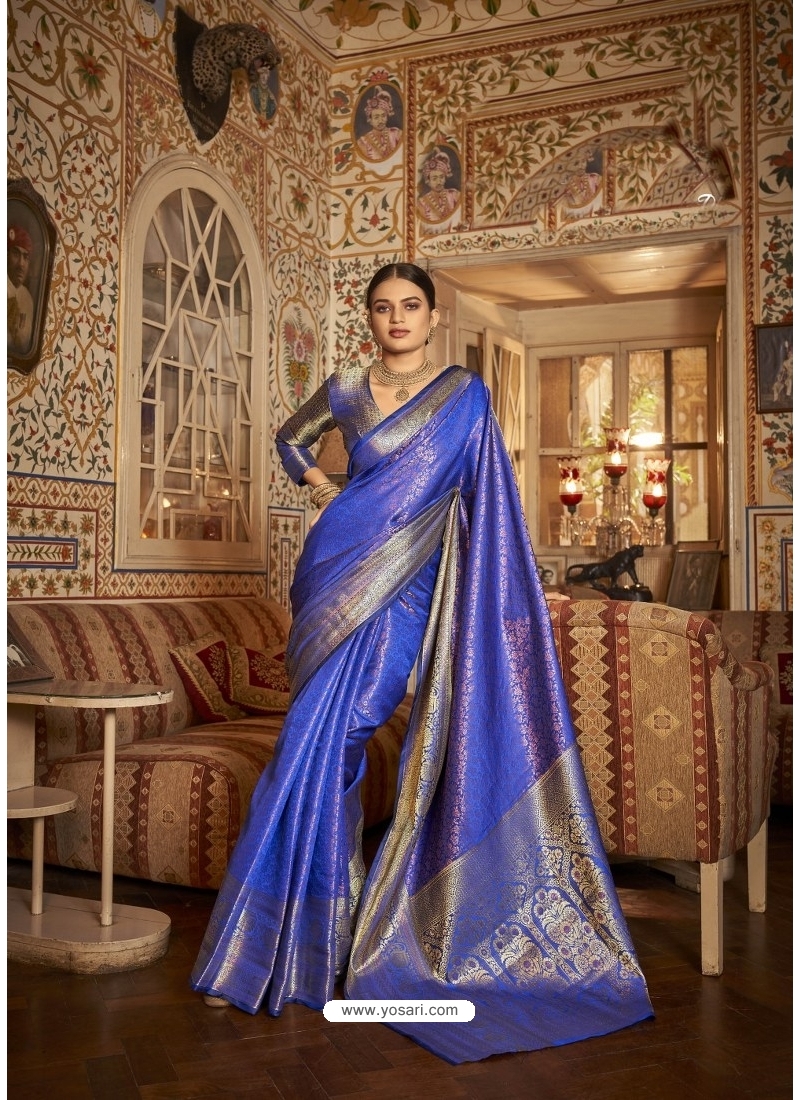 Buy Royal Blue Soft Kanchivaram Designer Party Wear Saree ...