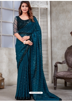 Teal Blue Soft Satin Organza Party Wear Saree