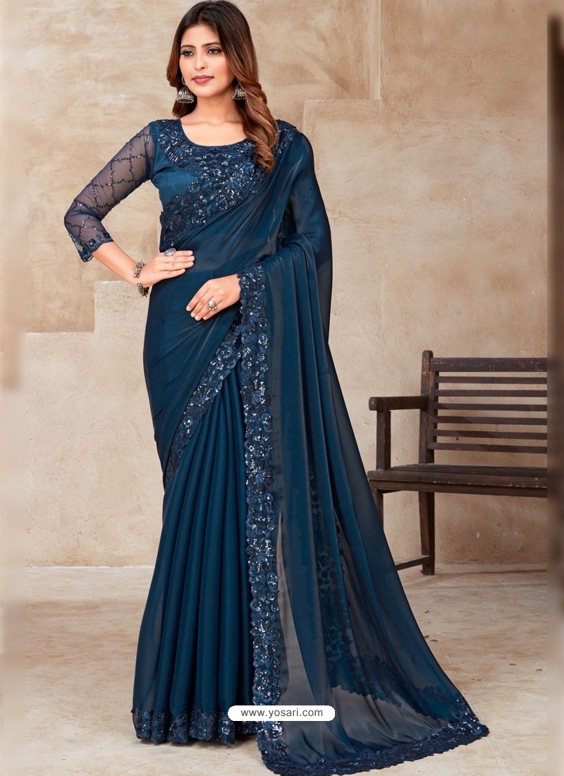 Buy Teal Blue Jimmy Silk Party Wear Saree | Party Wear Sarees