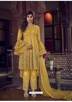 Yellow Designer Party Wear Heavy Thread Embroidred Suit