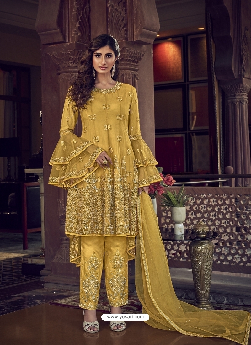 Pure Dola Silk Party Wear Suit in Yellow Color with Swarovski Work - Party  Wear Salwar Suit - Suits & Sharara