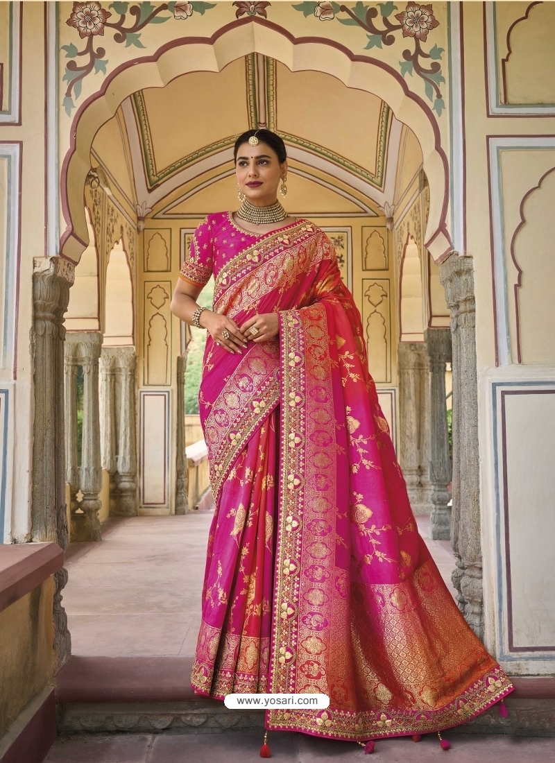 Rani Pink Designer Pure Dola Viscos Wedding Saree