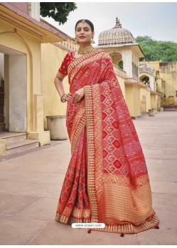Red And Pink Designer Pure Dola Viscos Wedding Saree