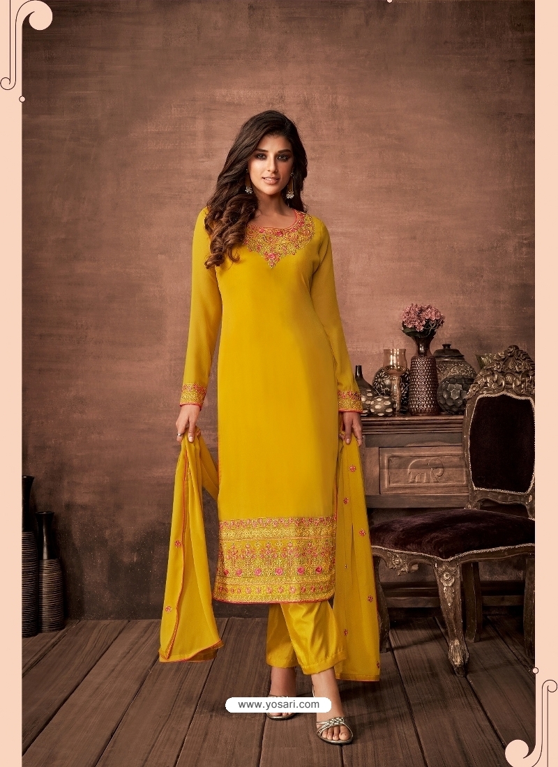 Fancy Look Yellow Color Faux Georgette Party Wear Sharara Suit