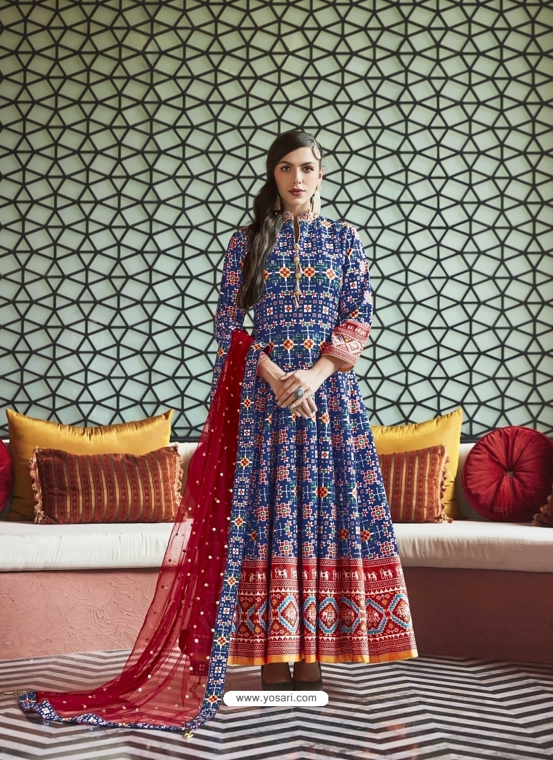 Navy blue printed patola dress by Athira Designs | The Secret Label