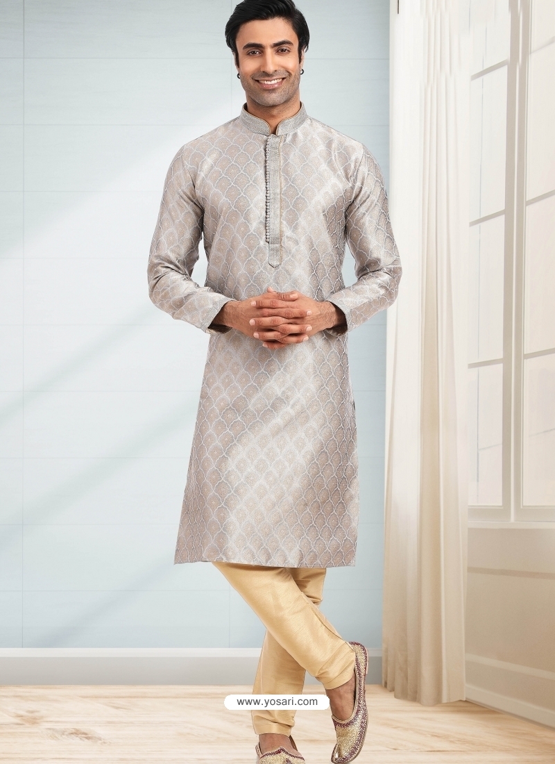 Grey Designer Mens Wear Jacquard Kurta Pajama