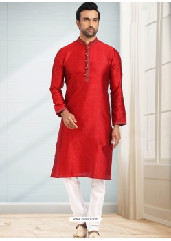 Red Designer Mens Wear Jacquard Kurta Pajama
