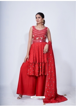 Red Designer Party Wear Chiffon Readymade Suit