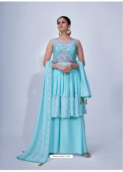 Aqua Blue Designer Party Wear Chiffon Readymade Suit