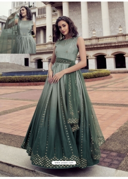 Olive Green Designer Chinon Party Wear Anarkali Gown Suit