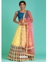 Yellow And Teal Blue Pure Art Silk Party Wear Lehenga Choli