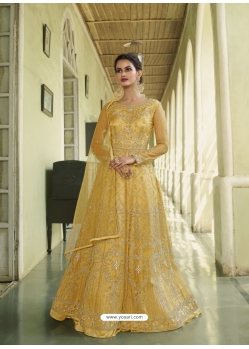 Yellow Designer Heavy Butterfly Net Anarkali Suit