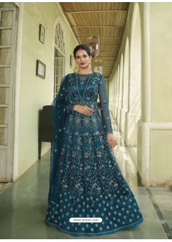 Teal Blue Designer Heavy Butterfly Net Anarkali Suit