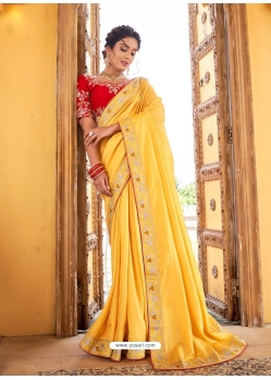 Yellow Designer Vichitra Silk Party Wear Saree