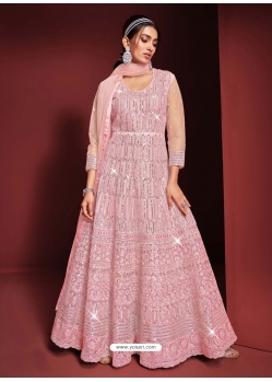 Pink Party Wear Butterfly Net Designer Anarkali Suit