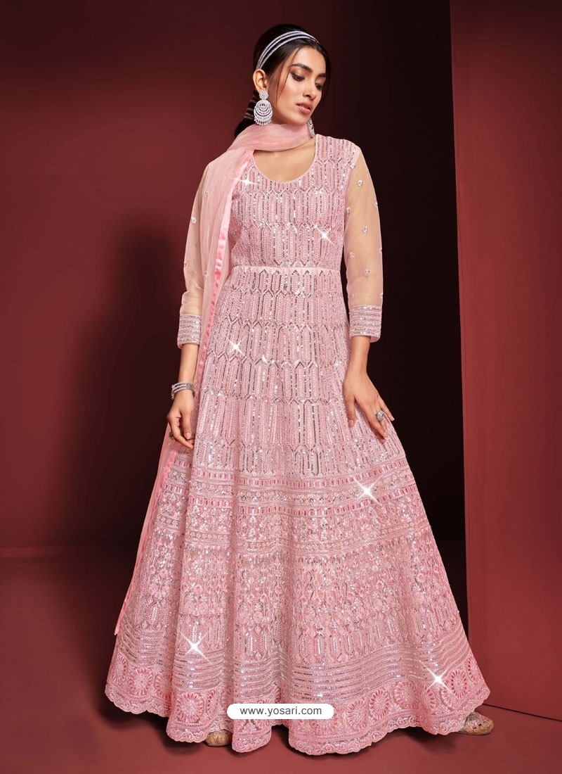 Pink Party Wear Butterfly Net Designer Anarkali Suit