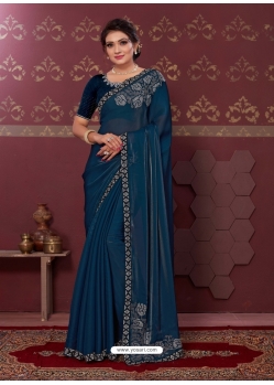 Navy Blue Party Wear Heavy Designer Satin Silk Saree