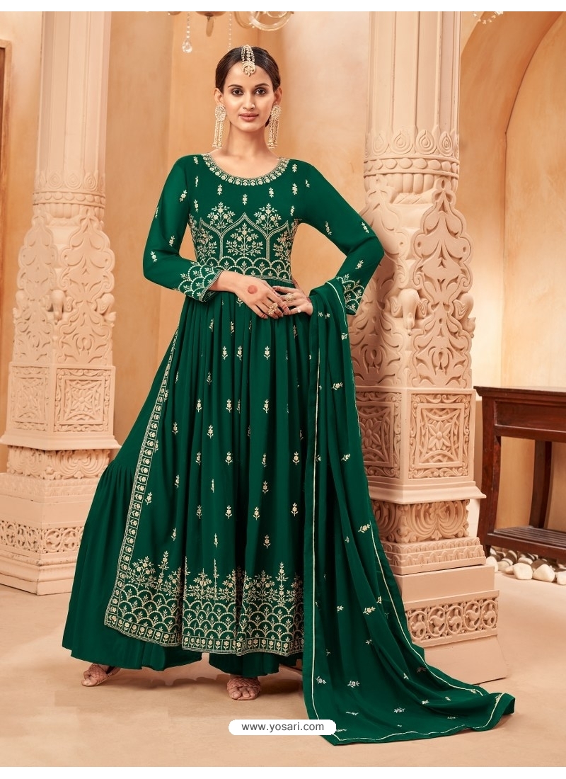 Dark Green Faux Georgette Embroidered Naira Cut Palazzo Suit YOS26216