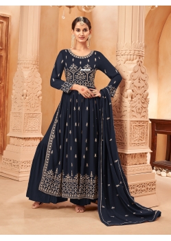 Navy Blue Faux Georgette Embroidered Naira Cut Palazzo Suit YOS26218