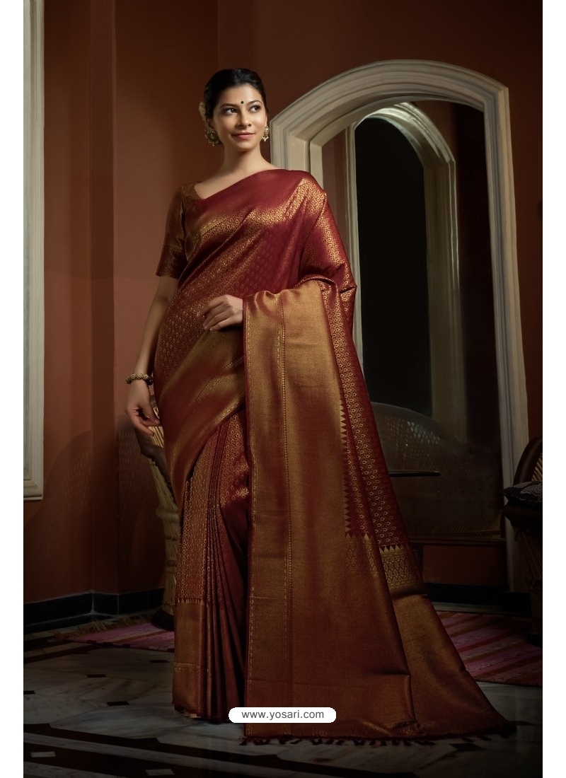 MAROON MOST ELEGANT BANARASI SILK SAREE - Mr & Mrs Creation - 4171148