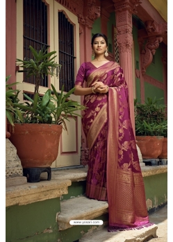 Wine Satin Silk Woven Banarasi Saree YOSAR34370